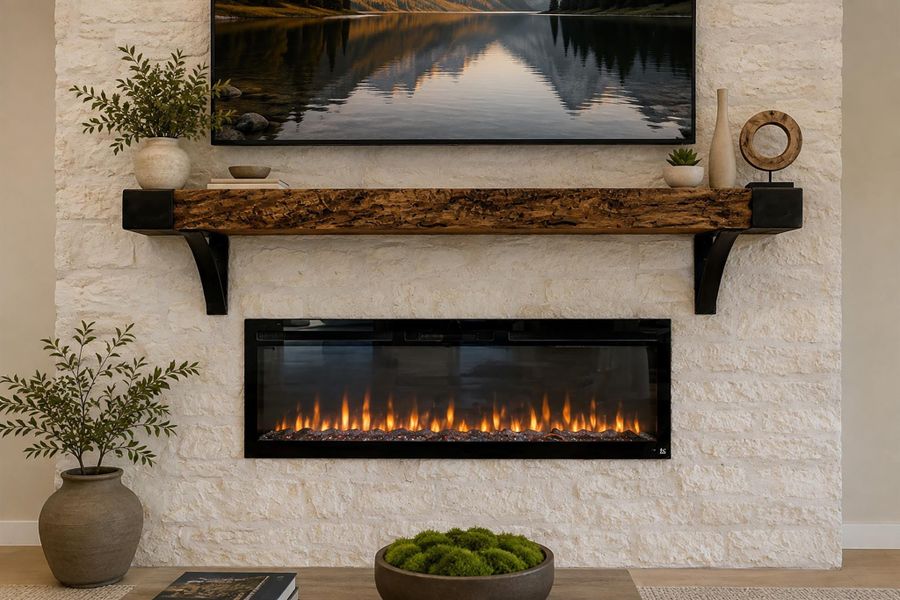 Virtual Staging. A textured stone fireplace wall showcases a modern linear insert and a rustic timber mantel. Virtual Staging. A textured stone fireplace wall showcases a modern linear insert and a rustic timber mantel.