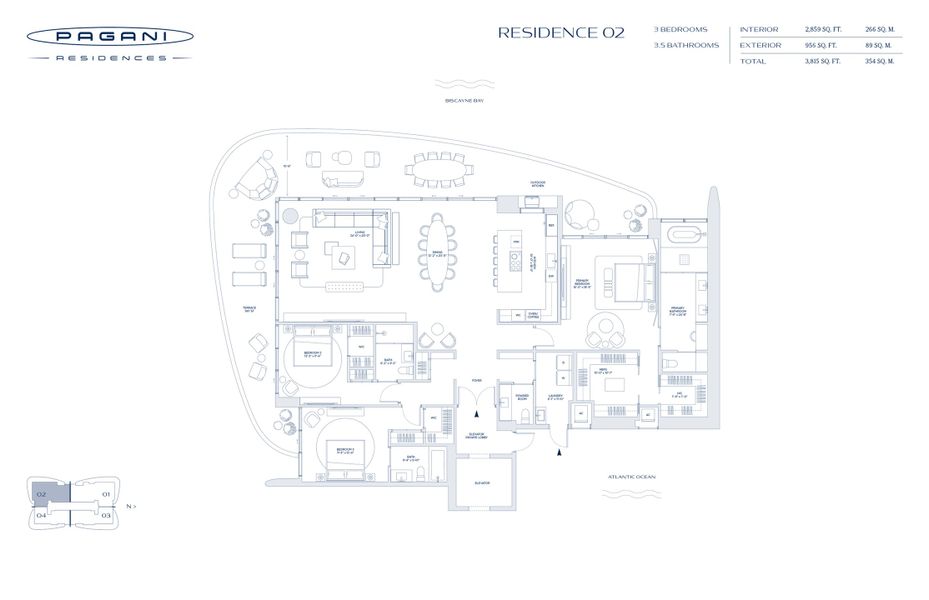 2D floor plan layout for the Residence 02 by Riviera Horizons in Pagani Residences, North Bay Village, FL (Image 1).