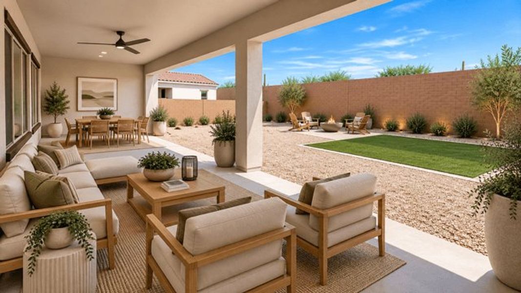 Exterior details and patio area of a home in Harmony at Montecito in Estrella, Goodyear (Image 3).