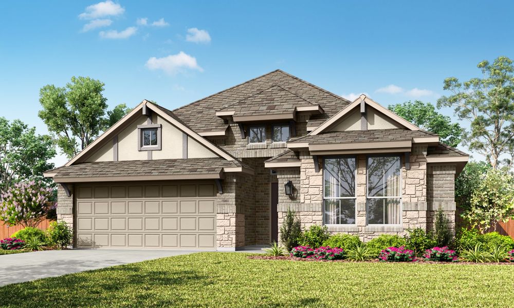 Representative exterior photo of a completed home built from the Trenton by Pacesetter Homes in Keeneland, Aubrey, TX (Image 17). Representative exterior photo of a completed home built from the Trenton by Pacesetter Homes in Keeneland, Aubrey, TX (Image 17).