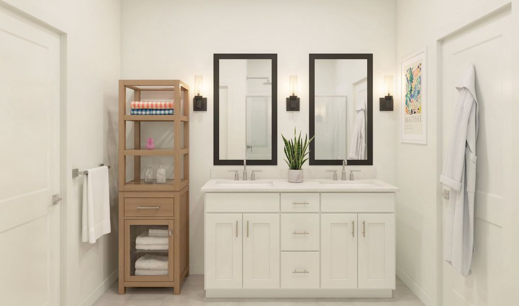 Primary bath with sconce lighting and black-framed mirrors Primary bath with sconce lighting and black-framed mirrors