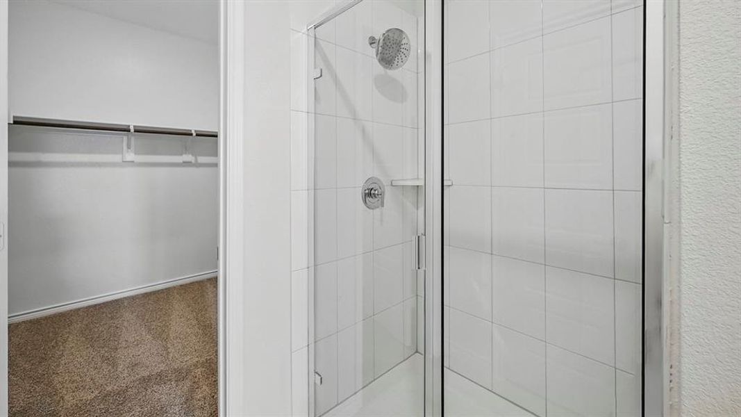 Full bathroom with a walk in closet, carpet, and a stall shower Full bathroom with a walk in closet, carpet, and a stall shower