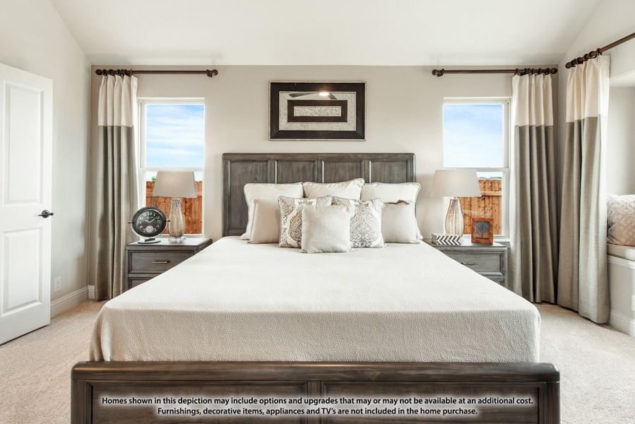 Bedroom with king-size bed, dark wood headboard, two windows with curtains, and matching nightstands on carpet flooring