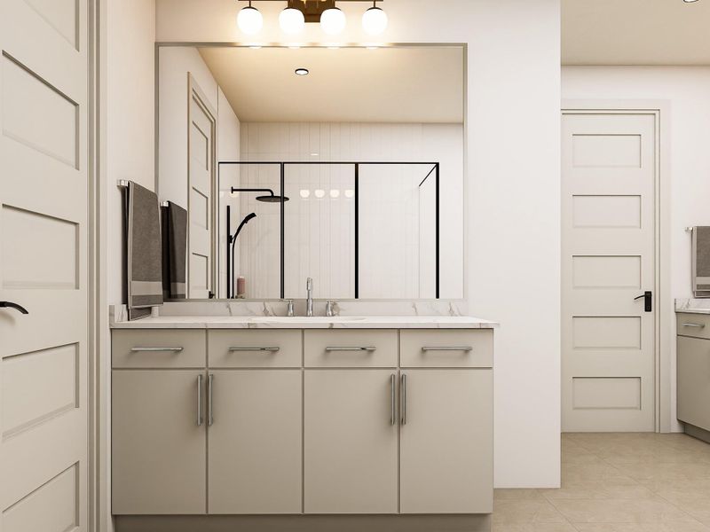 The primary bath offers a smart, stylish layout featuring dual sinks, ample counter space, and a large walk-in shower—perfectly blending everyday convenience with contemporary design. Image shown is an artist’s rendering; final colors and selections may vary. Please see the New Home Consultant for details.