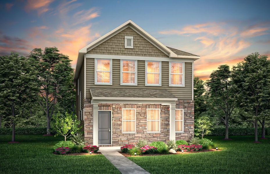 Norman Exterior 7 features siding, stone, covered front sitting porch and 2 car rear load garage