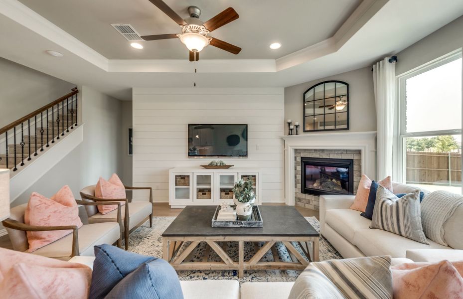 Optional tray ceiling and fireplace in gathering room