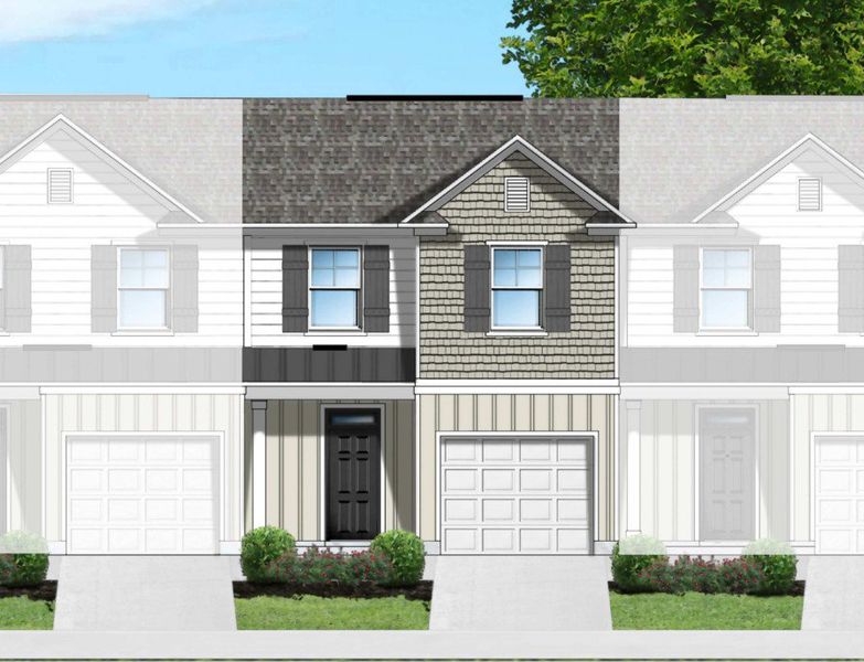 Exterior rendering of this home design in Meece Townhomes, Easley, SC (Image 1). Exterior rendering of this home design in Meece Townhomes, Easley, SC (Image 1).