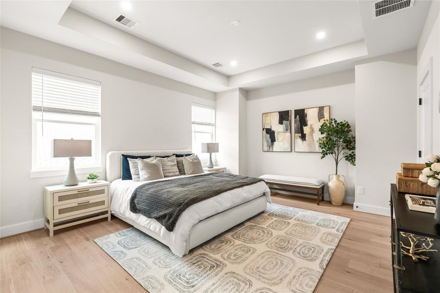 The primary bedroom offers substantial floor space for a full furniture arrangement, framed by a tray ceiling and large windows.