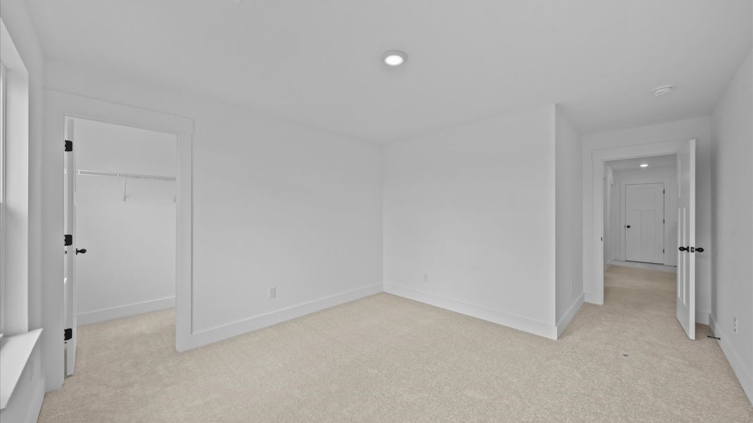 Tasteful secondary bedroom with plush carpet and a spacious walk-in closet Tasteful secondary bedroom with plush carpet and a spacious walk-in closet