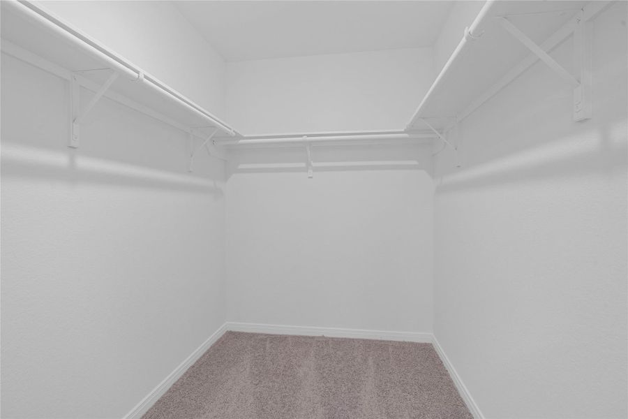 The primary walk-in closet features high shelving for seasonal storage while keeping your daily essentials within reach.