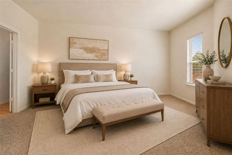 Virtually staged - Primary bedroom, featuring recessed lighting, soft carpet flooring and abundant natural light.