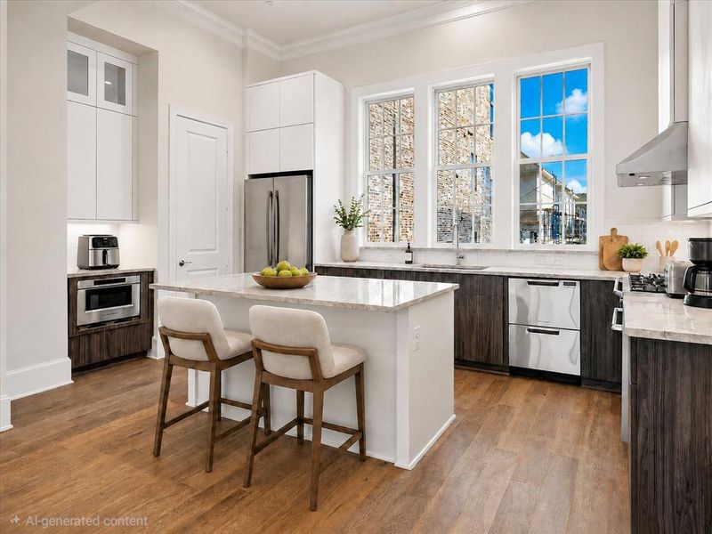 Modern kitchen featuring wood-finish flooring, a central island with a light-toned countertop, stainless steel appliances, and white upper cabinetry with dark wood-finish lower cabinetry Modern kitchen featuring wood-finish flooring, a central island with a light-toned countertop, stainless steel appliances, and white upper cabinetry with dark wood-finish lower cabinetry
