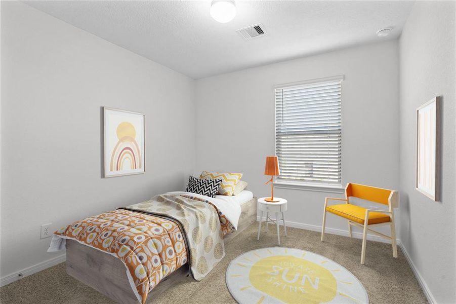 Secondary bedroom features plush carpet, neutral paint and a large window with privacy blinds.