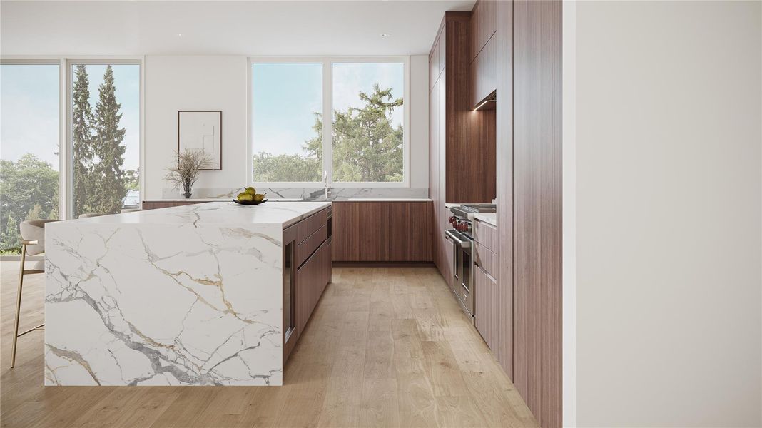 Artist Rendition detailing another perspective of the homes Kitchen that opens the homes living & dining areas. The kitchen is replete with top tier Thermador appliances (all paneled of course). Waterfall edge stone finishes & custom designed Eggersmann cabinetry throughout married by the European Oak flooring.