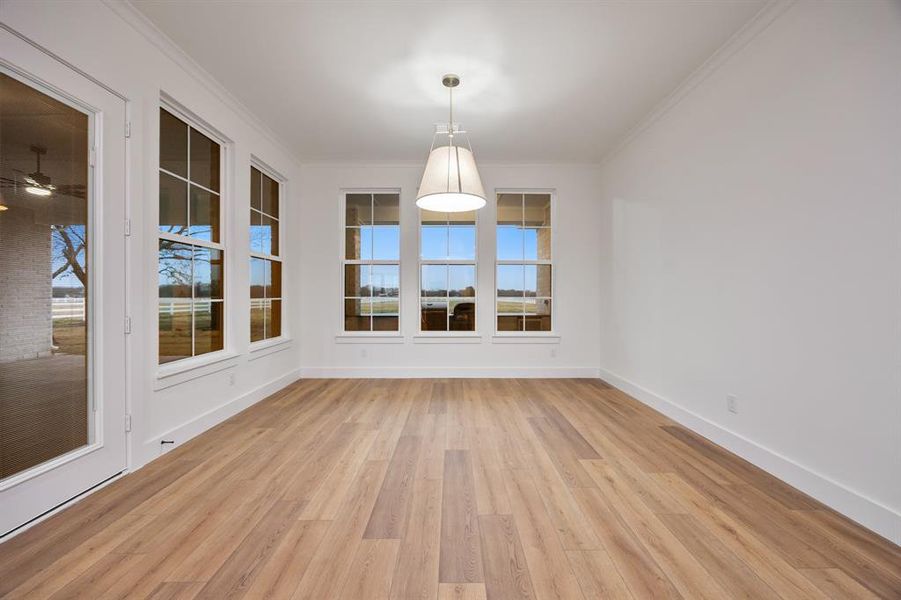 Unfurnished dining area with light wood-type flooring and crown molding