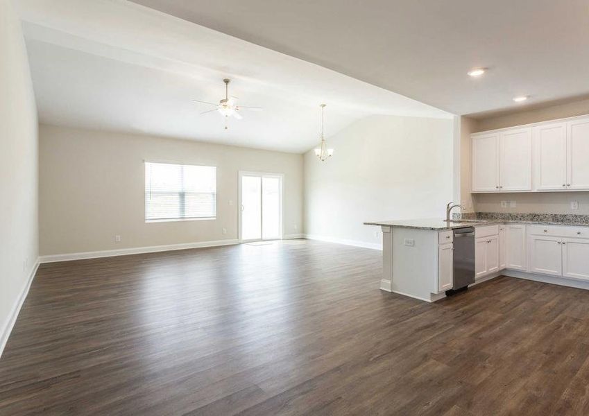 Allatoona kitchen-living area with wood-like flooring, white cabinets, and off white painted walls