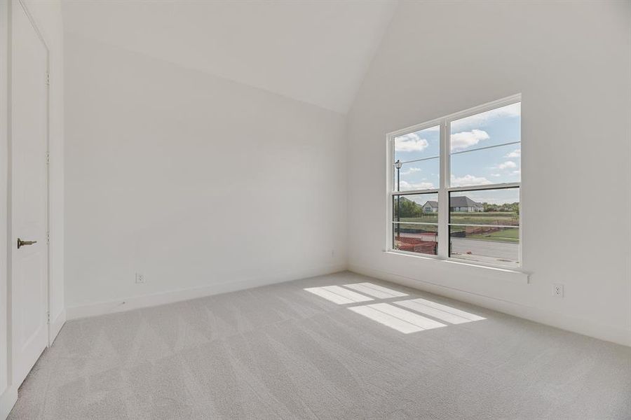 Carpeted spare room featuring high vaulted ceiling and baseboards