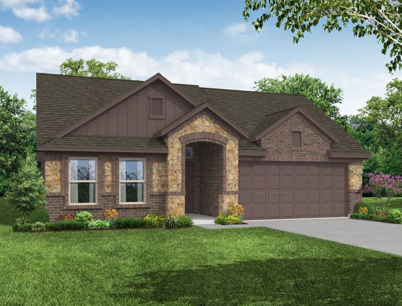 Representative exterior photo of a completed home built from the Austin by Impression Homes in De Berry Reserve, Royse City, TX (Image 13). Representative exterior photo of a completed home built from the Austin by Impression Homes in De Berry Reserve, Royse City, TX (Image 13).