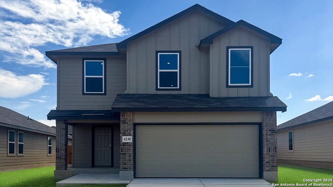 Front exterior of a new home in Preserve at Medina, Von Ormy, TX, highlighting curb appeal (Image 1).