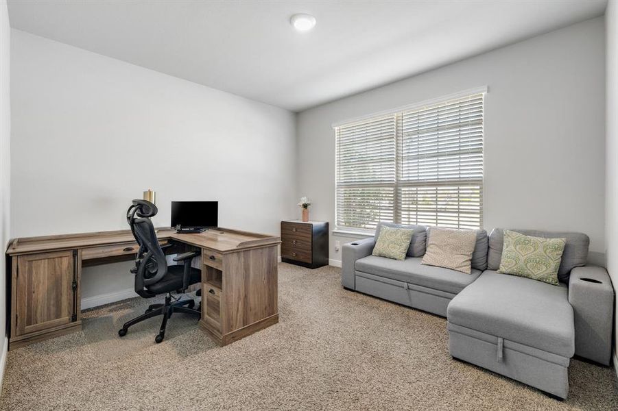 Office area with carpet flooring and baseboards