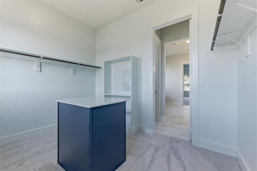 Walk in closet featuring light colored carpet