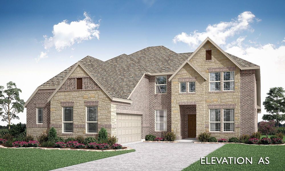 Two-story home with brick and stone exterior, two-car garage, and arched front entry Two-story home with brick and stone exterior, two-car garage, and arched front entry