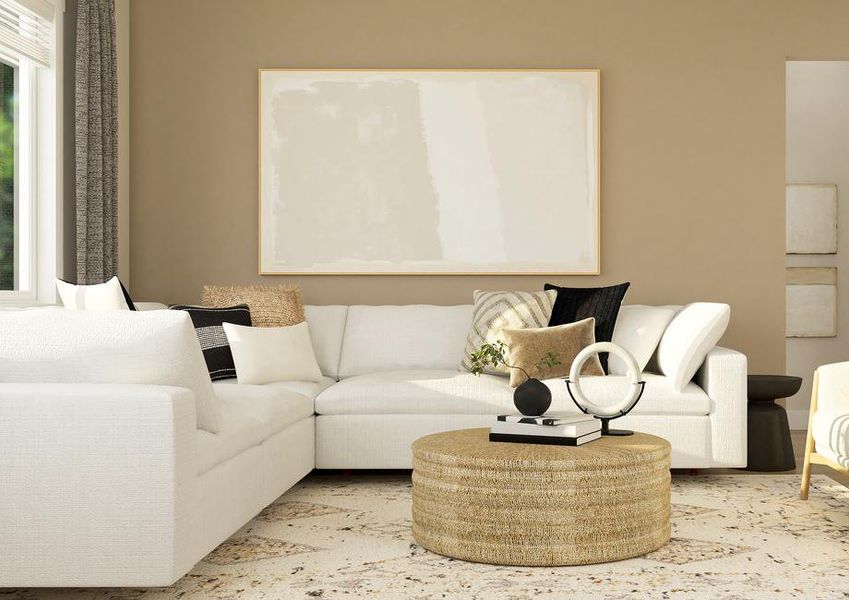 Rendering of living room furnished with a
  large white couch and two side chairs.