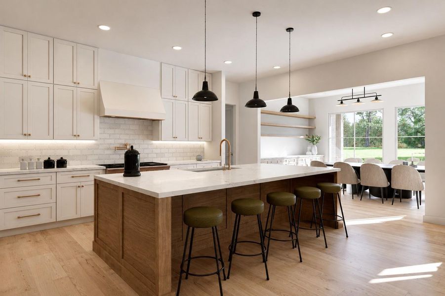 Rendering of the kitchen island looking into the dining room.