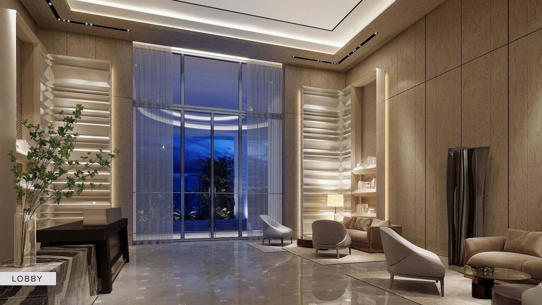 Lobby with Ritz Carlton managed and staffed 24 hour valet and concierge.