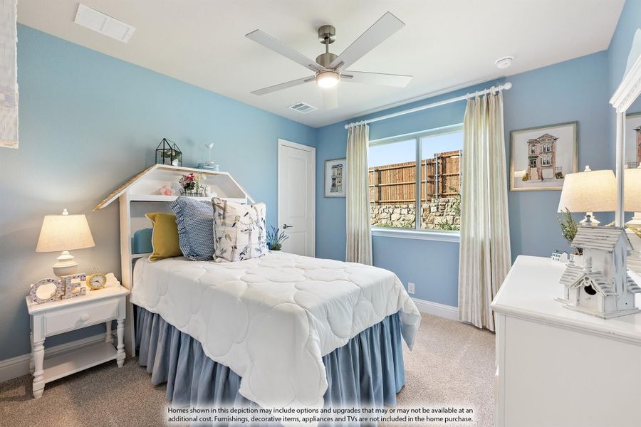 Children's bedroom with light blue walls, ceiling fan, house-shaped headboard, and white furniture Children's bedroom with light blue walls, ceiling fan, house-shaped headboard, and white furniture