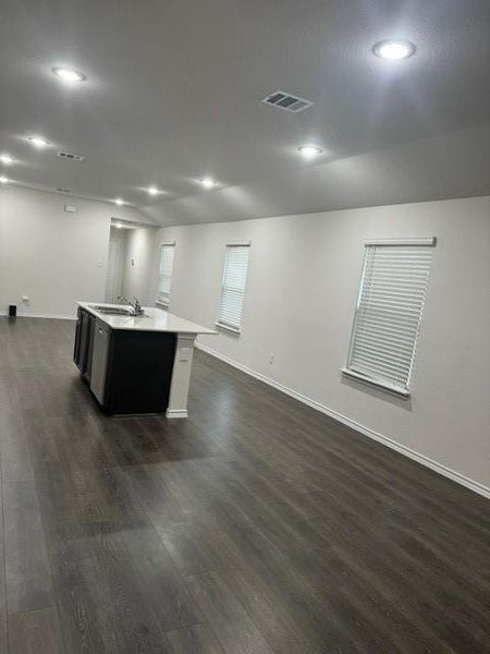 Kitchen featuring sink, a kitchen island with sink, and dark wood-type flooring