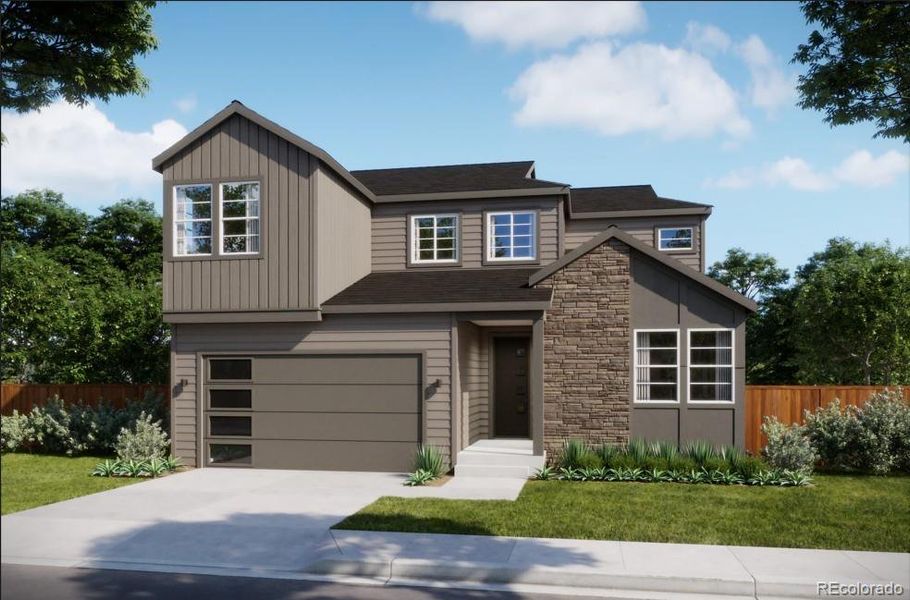 Front exterior of a new home in , Parker, CO, highlighting curb appeal (Image 1). Front exterior of a new home in , Parker, CO, highlighting curb appeal (Image 1).