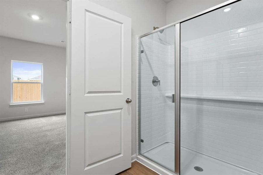 Full bathroom with recessed lighting, a stall shower, and light colored carpet Full bathroom with recessed lighting, a stall shower, and light colored carpet