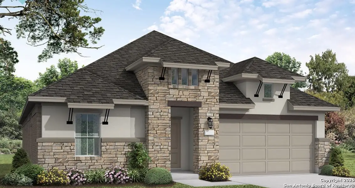 Front exterior of a new home in Megan's Landing, Castroville, TX, highlighting curb appeal (Image 1).