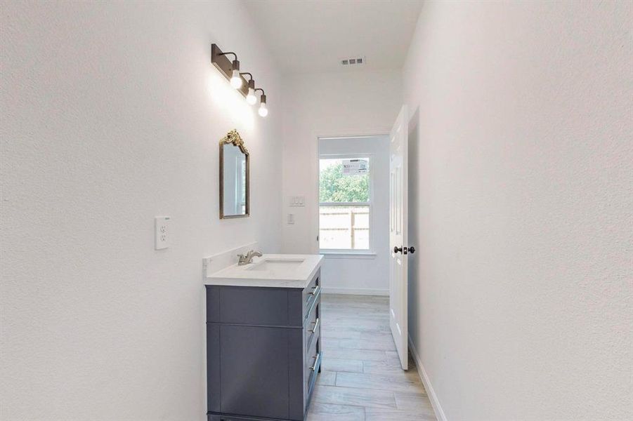 Bathroom featuring wood-type flooring and vanity