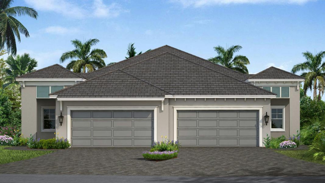 Front exterior of a new home in Palm Grove Real Estate and Homes for Sale in Lakewood Ranch, FL - Neal Communities, Lakewood Ranch, FL, highlighting curb appeal (Image 26).