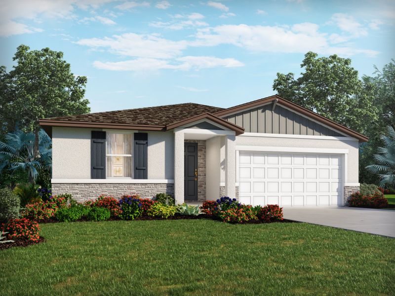 Front exterior of a new home in The Grove at Stuart Crossing - Classic Series, Bartow, FL, highlighting curb appeal (Image 1). Front exterior of a new home in The Grove at Stuart Crossing - Classic Series, Bartow, FL, highlighting curb appeal (Image 1).