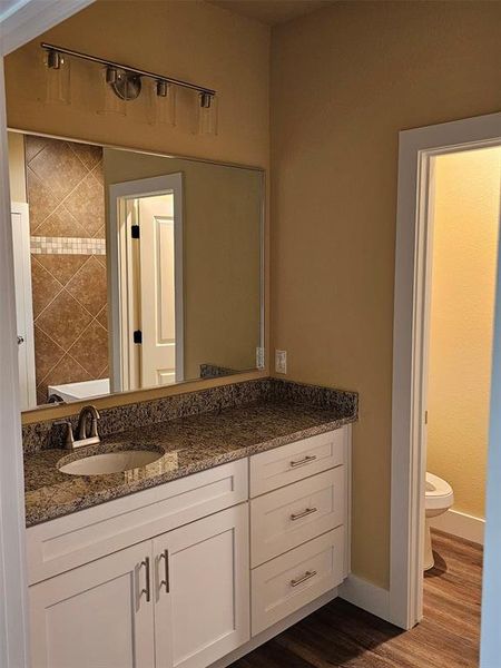 Bathroom with hardwood / wood-style flooring, vanity, and toilet