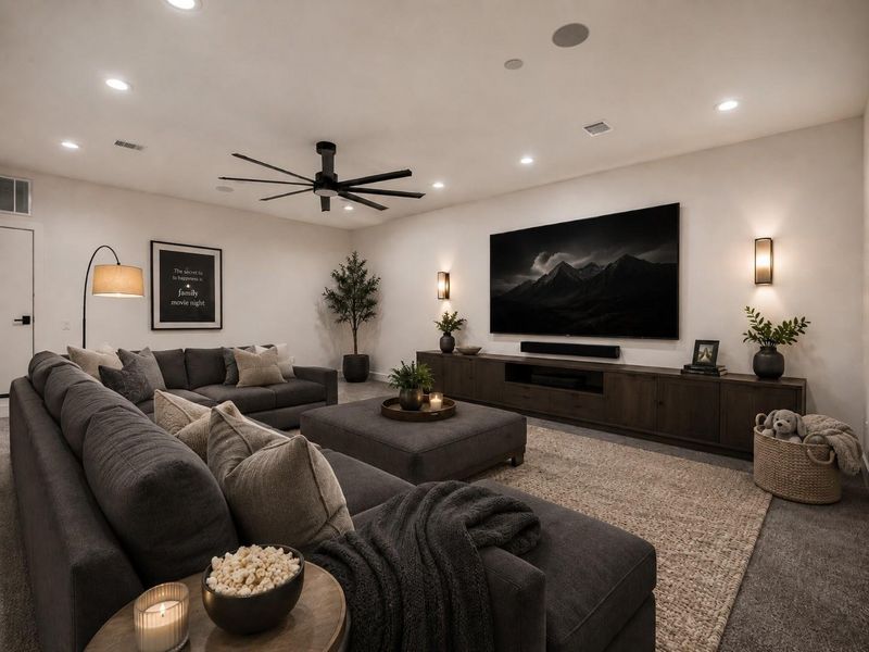 This massive media room is perfect for movie nights and comes with ceiling audio speakers with its own dedicated zone. Image is virtually staged. This massive media room is perfect for movie nights and comes with ceiling audio speakers with its own dedicated zone. Image is virtually staged.