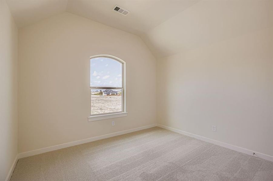 Unfurnished room with light colored carpet and lofted ceiling Unfurnished room with light colored carpet and lofted ceiling