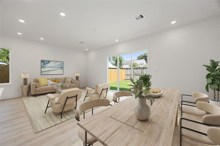 You and your guests will certainly dine in style in this amazing dining area! Featuring large glass sliding doors, neutral paint, high ceilings and wood like vinyl flooring. Perfect space to entertain family and friends. You and your guests will certainly dine in style in this amazing dining area! Featuring large glass sliding doors, neutral paint, high ceilings and wood like vinyl flooring. Perfect space to entertain family and friends.