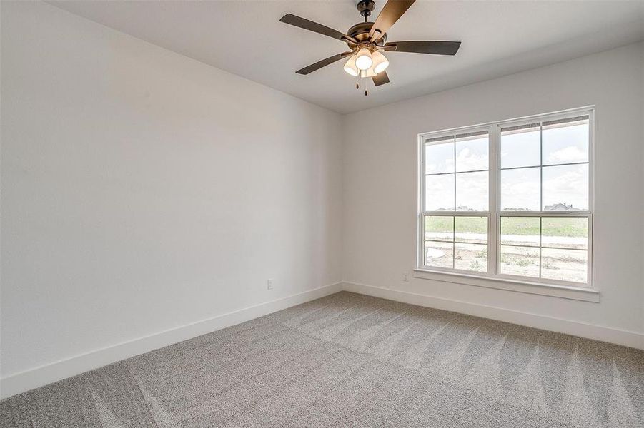 Carpeted spare room with ceiling fan