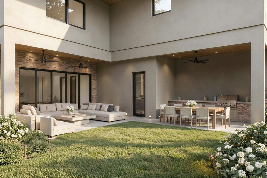 Back yard rendering with summer kitchen, covered patio, and half bath