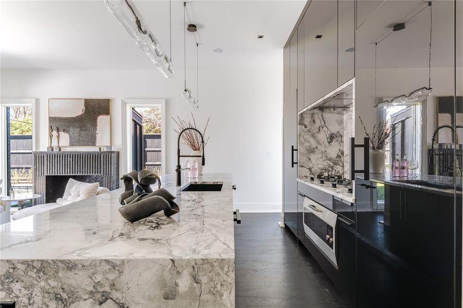 Kitchen Range, Oven, and Built In Refrigerator.