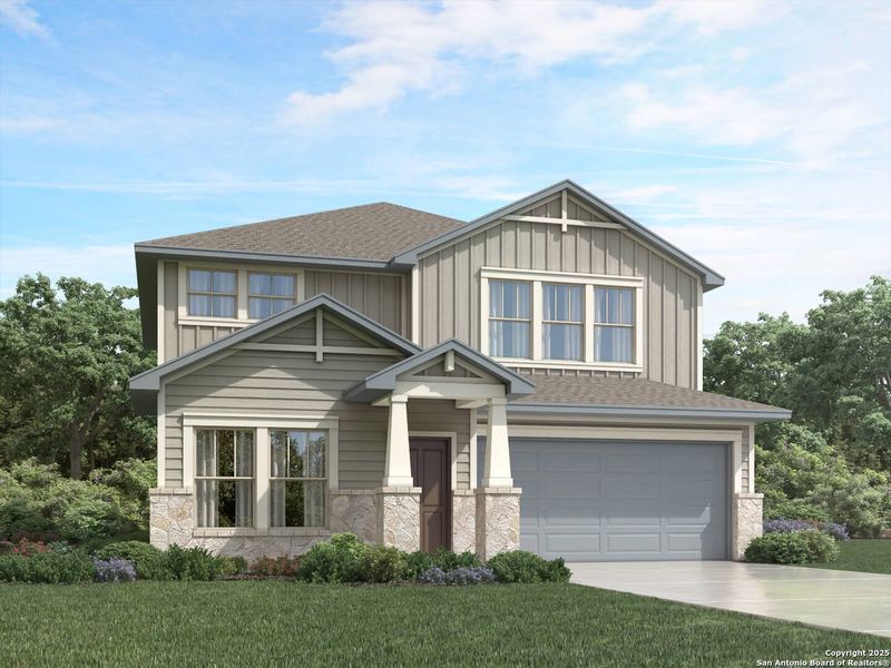 Front exterior of a new home in Estancia Ranch - Premier Series, San Antonio, TX, highlighting curb appeal (Image 1).