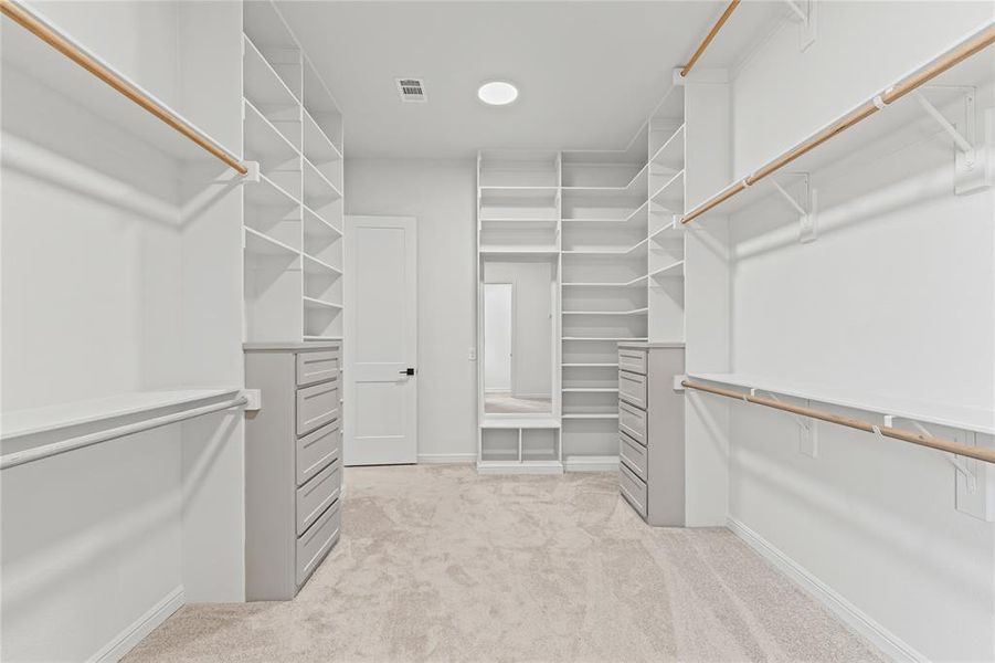 Walk in closet featuring light colored carpet