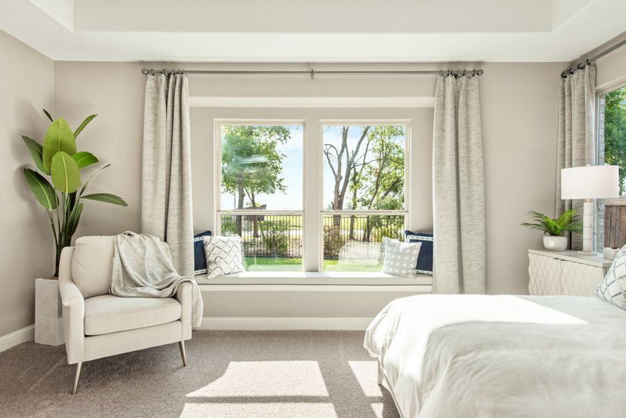 Bright bedroom with tray ceiling, window seat, gray carpet, and large windows overlooking a backyard