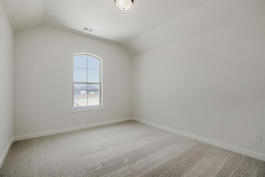 Vaulted ceiling room with an arched window, soft gray wall paint, and coordinating gray carpet