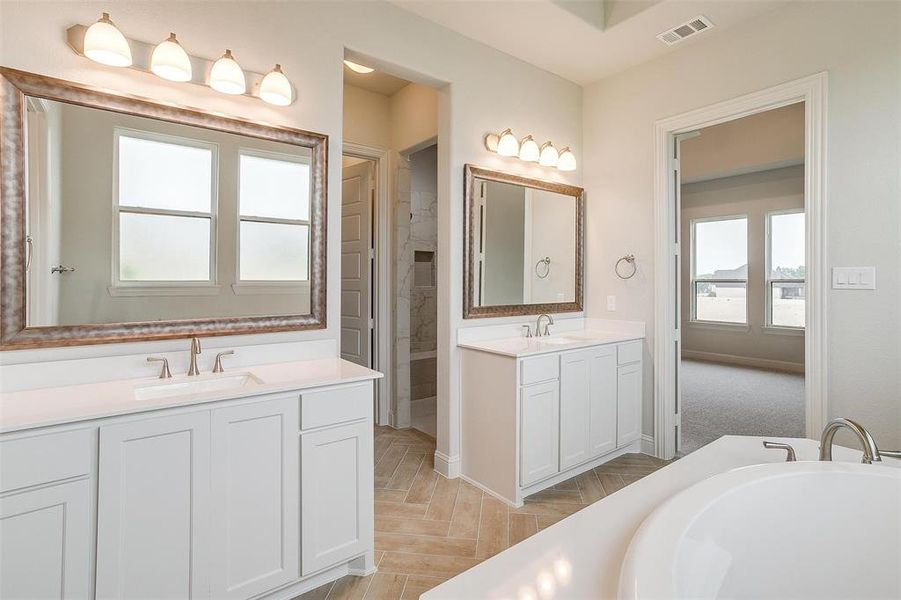 Bathroom featuring dual bowl vanity and a tub