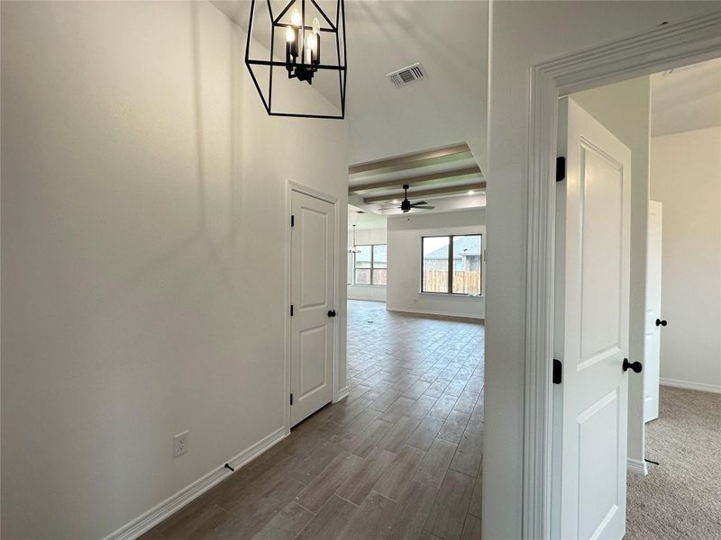 Entryway featuring wood-finish flooring, a modern geometric light fixture, and white interior doors with dark hardware